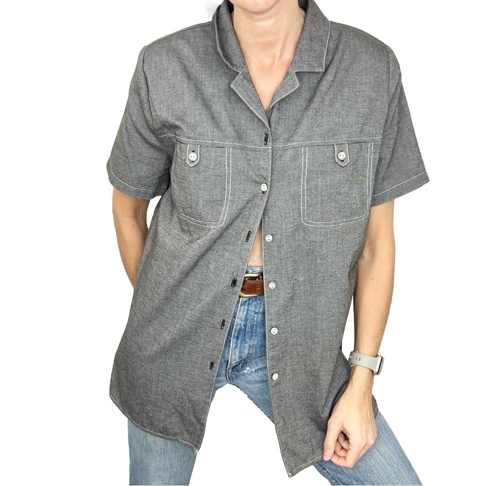 Vintage grey button up button back short sleeve top